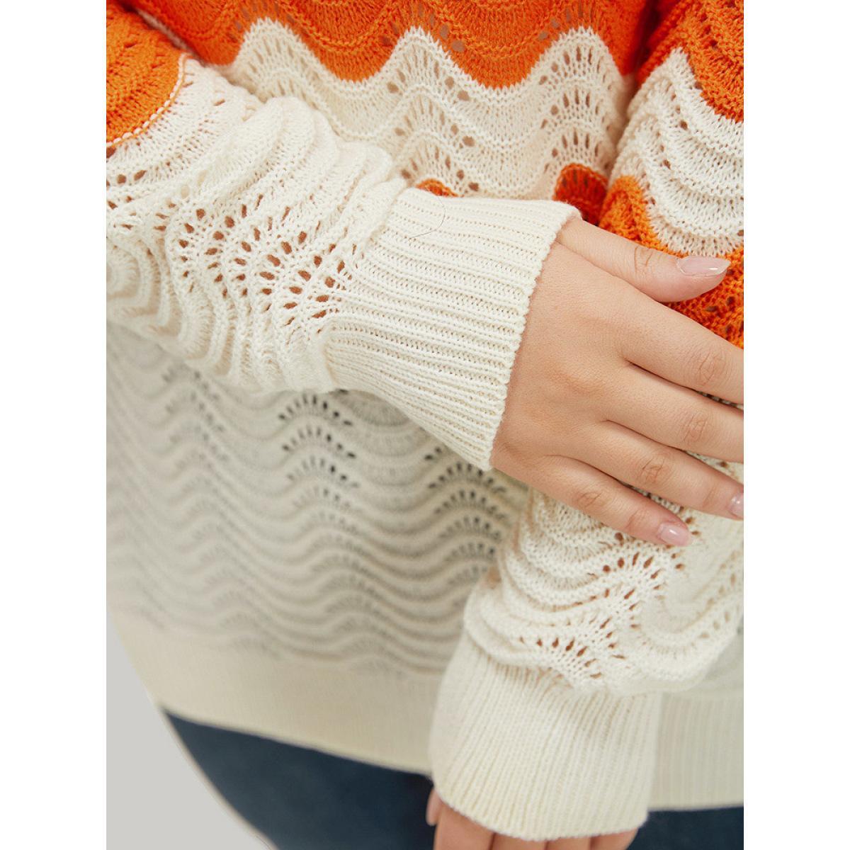 Plus Size Two Tone Eyelet Drop Shoulder Pullover Orange Women Casual Bodycon Long Sleeve Round Neck Dailywear Pullovers BloomChic 22-24/3X Product Image