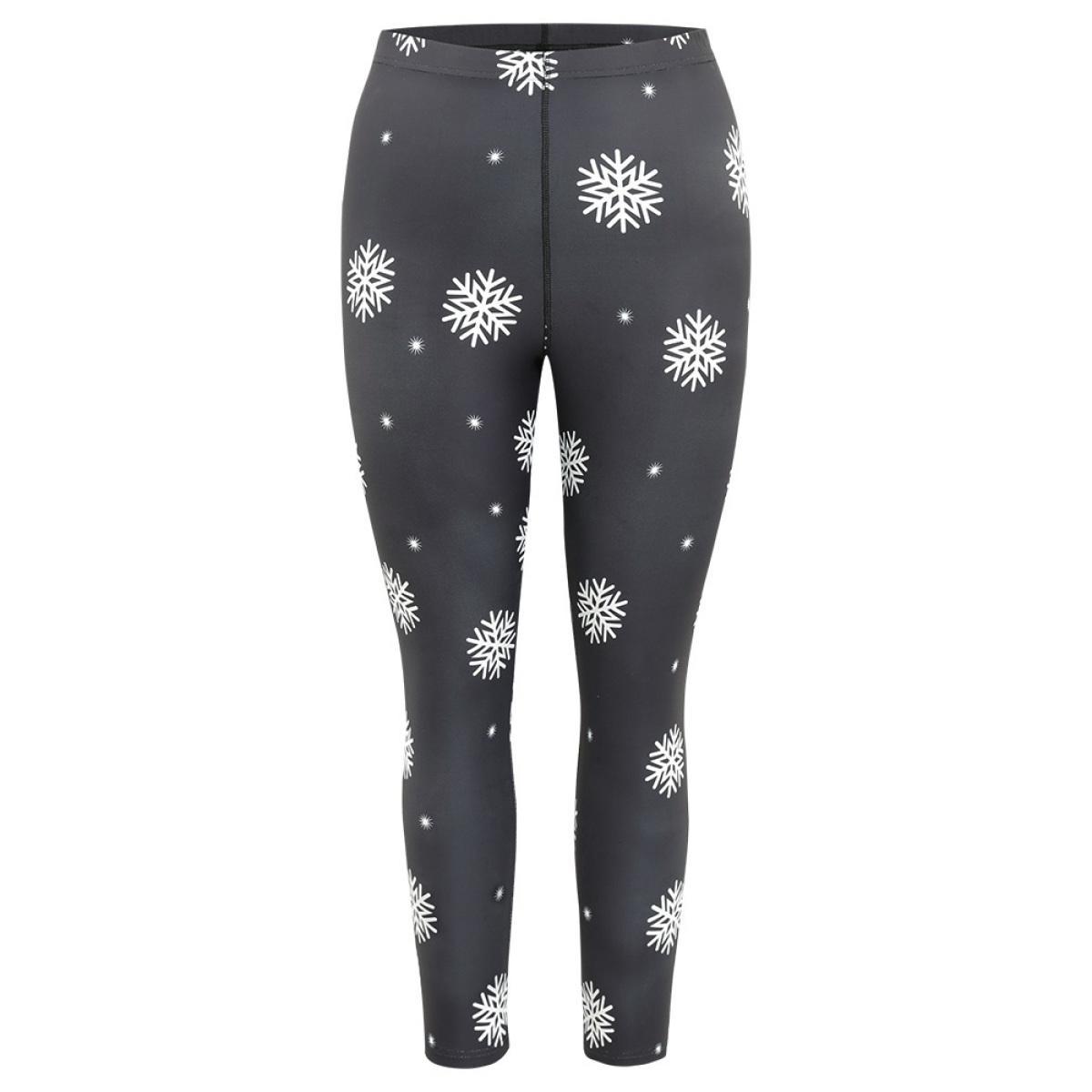 Plus Size Christmas Snowflake Elastic Waist Skinny Leggings Women Black Glamour High stretch Skinny High Rise Festival-Christmas Leggings BloomChic 30/6X Product Image
