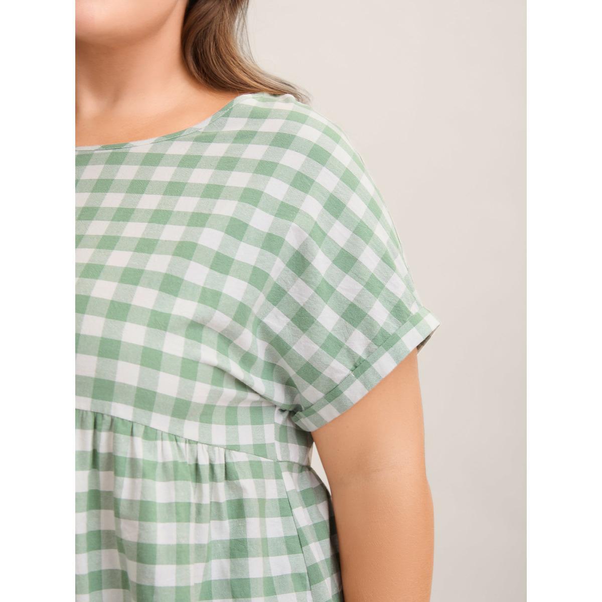 Plus Size Sage Plaid Pattern Waist-Cinched Blouse Women Casual Short sleeve Round Neck Everyday-Casual Blouses BloomChic 10/M Product Image