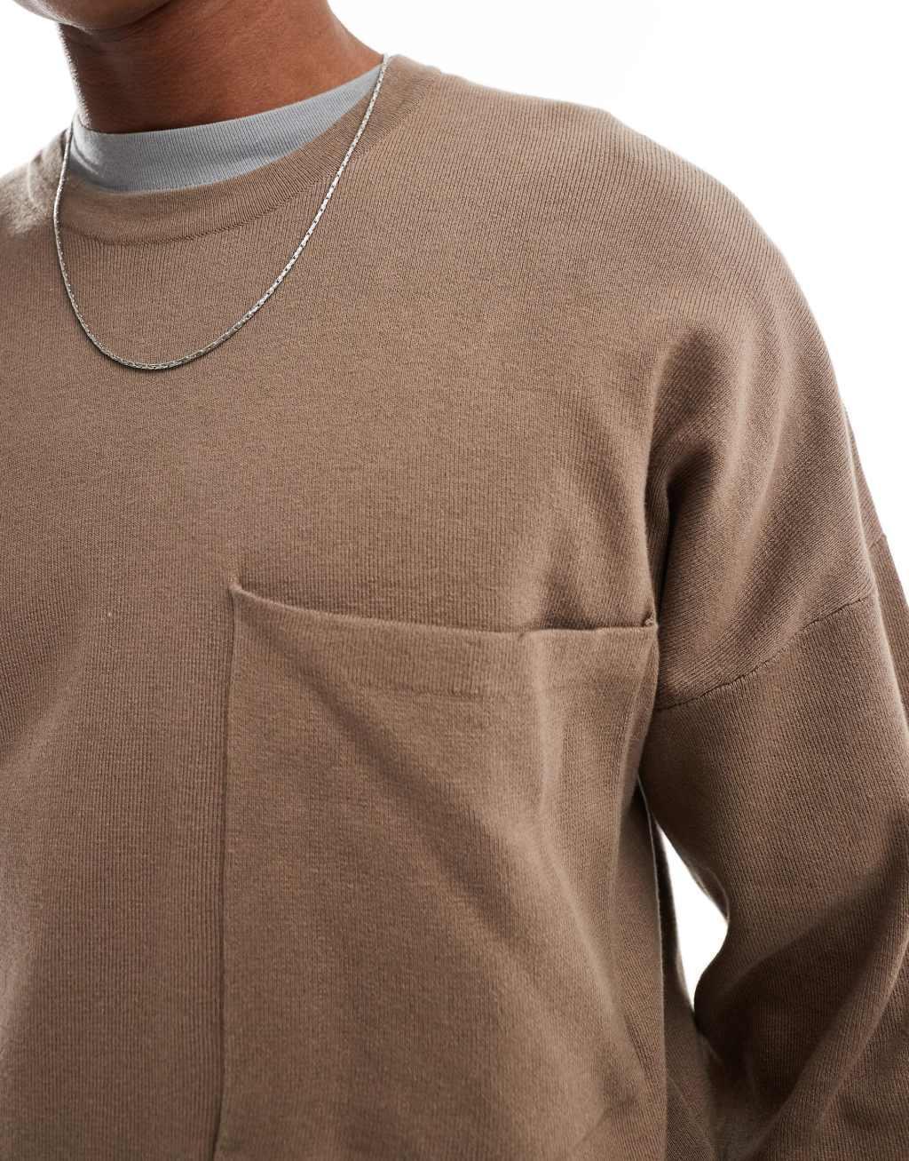 ONLY & SONS crew neck drop shoulder knit sweater in brown Product Image
