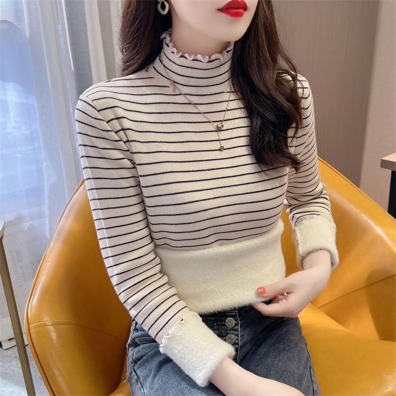 Long Sleeve Ruffle Mock Neck Striped Cropped Knit Top Product Image