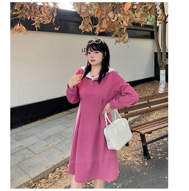 Plus Size Long-Sleeve Two Tone Lace Trim Hoodie Dress Product Image