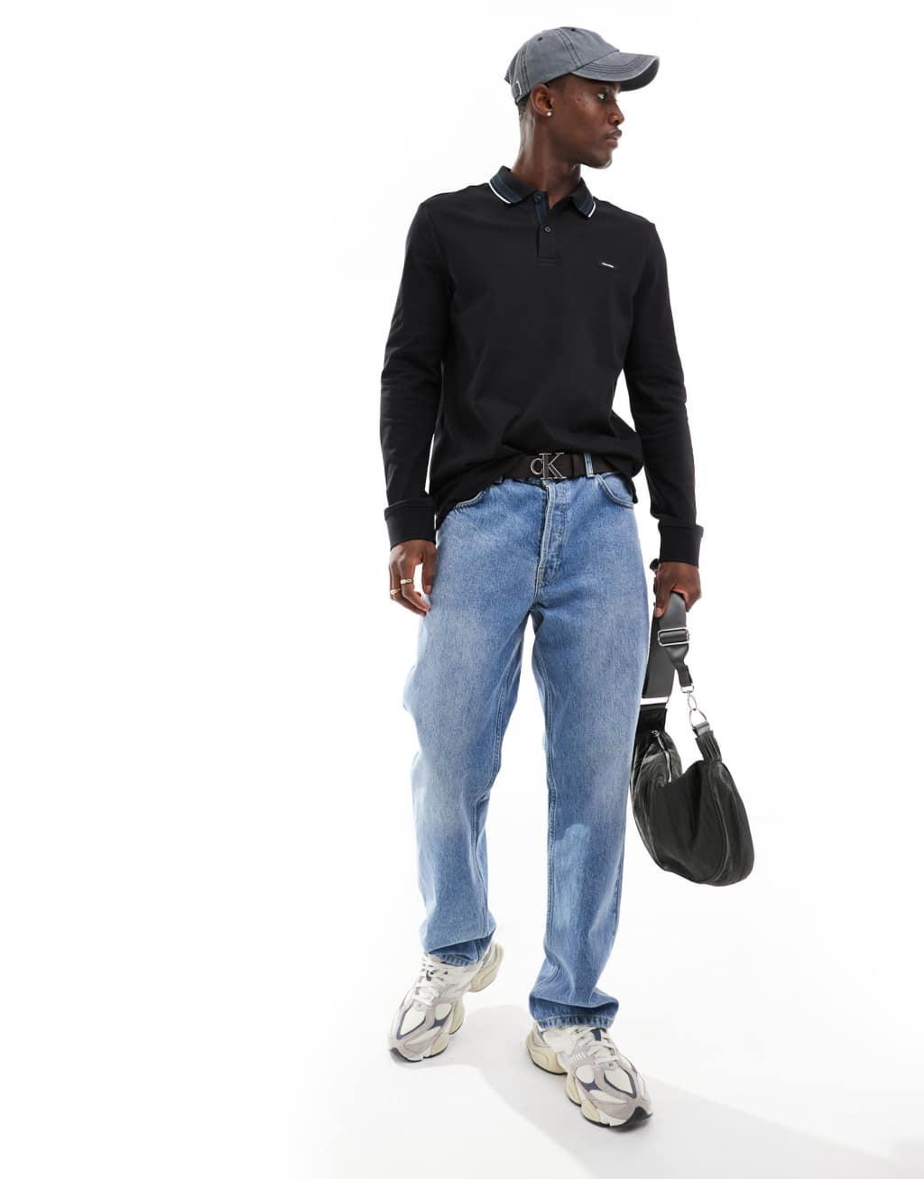 Calvin Klein stretch pique tipped long sleeve polo in black Product Image