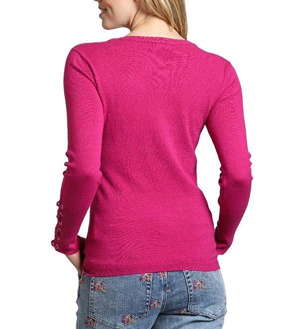 APNY Knit Crew Neck Long Grommet Lace Up Sleeve Sweater Product Image