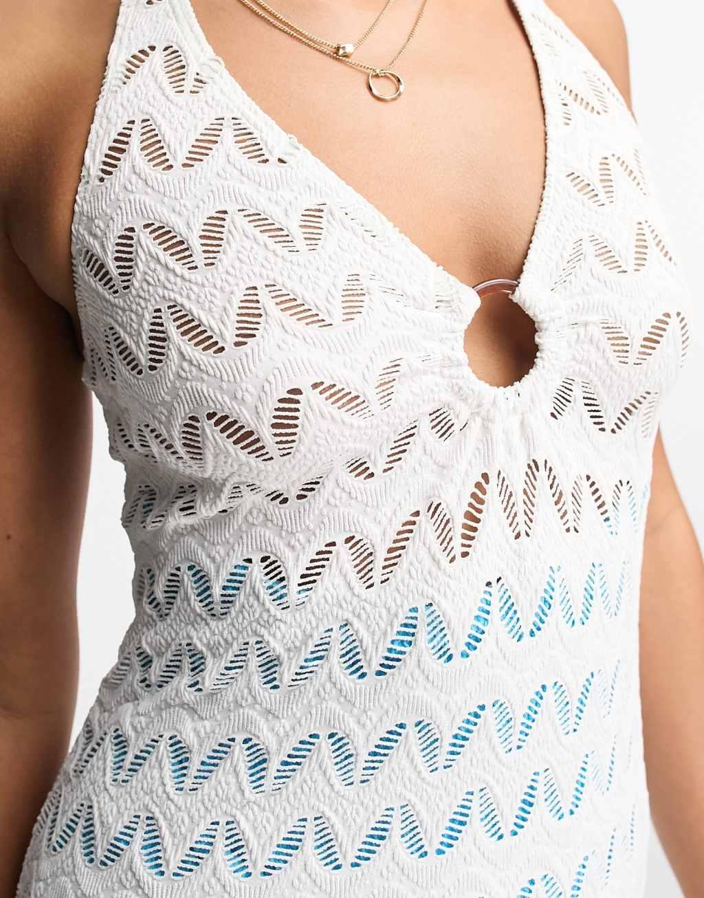 Miss Selfridge beach crochet zig zag halterneck mini swim dress in white Product Image