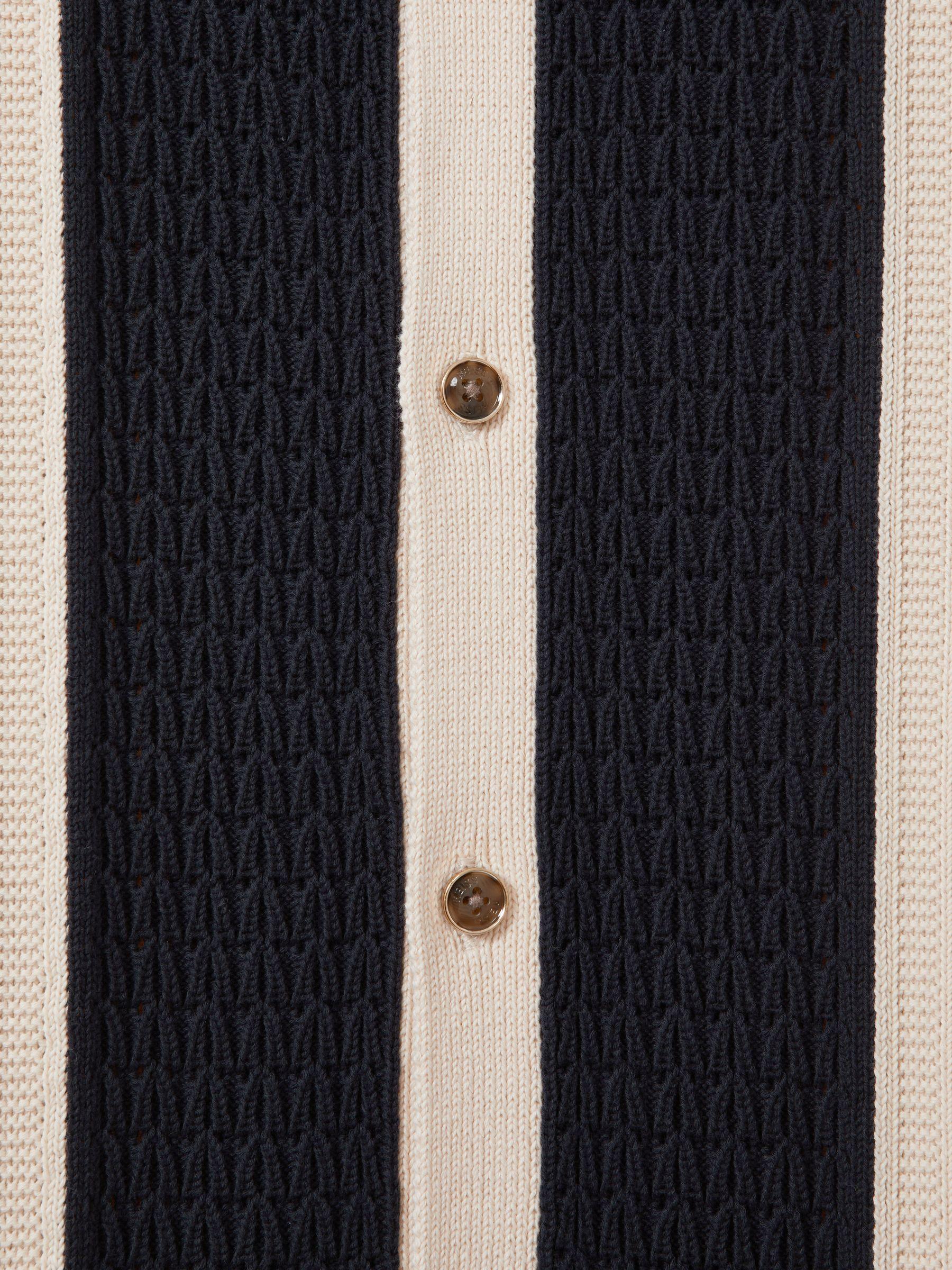 Crochet Striped Cuban Collar 100% Cotton Shirt in Navy/Stone Product Image