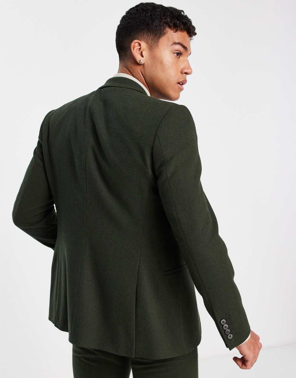 ASOS DESIGN Wedding skinny wool mix suit jacket in dark green basketweave texture  Product Image
