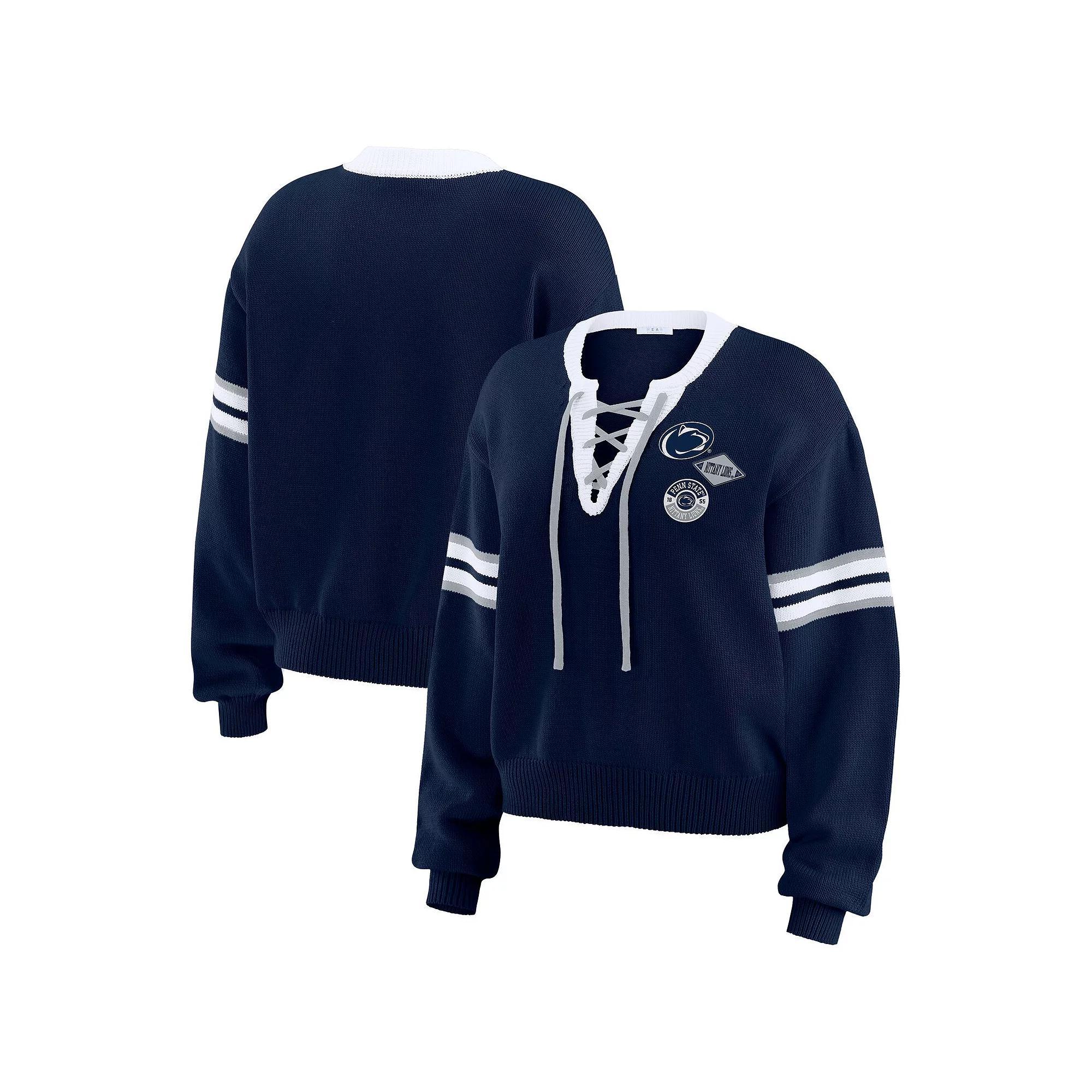 Women's WEAR by Erin Andrews Navy  Dallas Cowboys Lace-Up Sweater, Size: Small, Blue Product Image