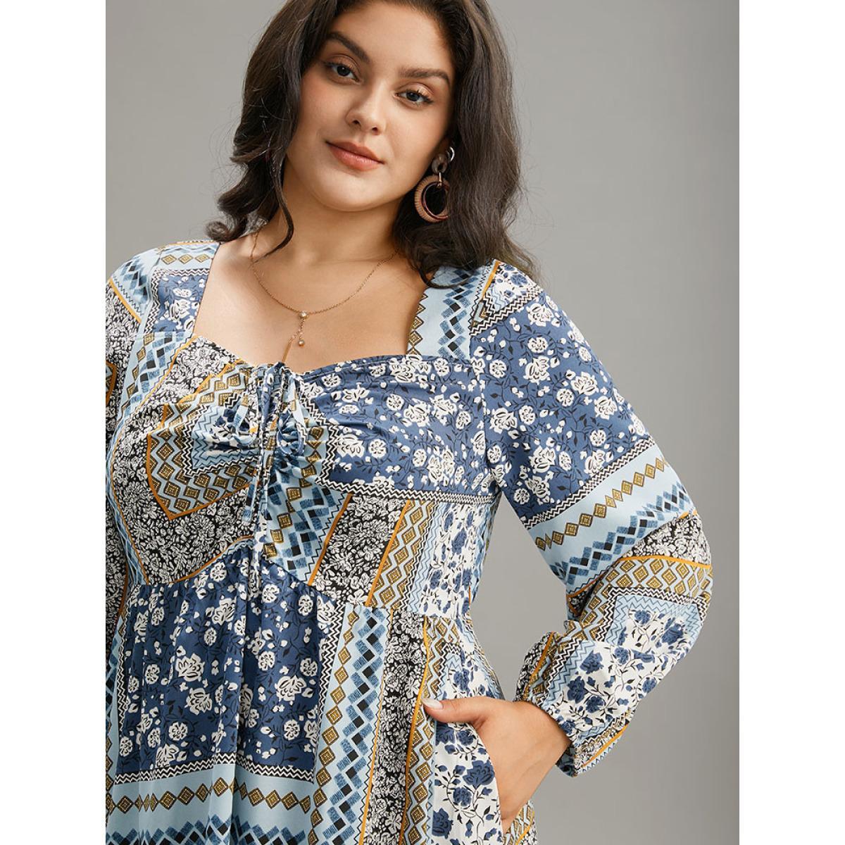 Plus Size Bandana Print Patchwork Ties Pocket Lantern Sleeve Dress Stone Women Vacation Elastic cuffs Square Neck Long Sleeve Curvy Midi Dress BloomChic 14-16/1X Product Image