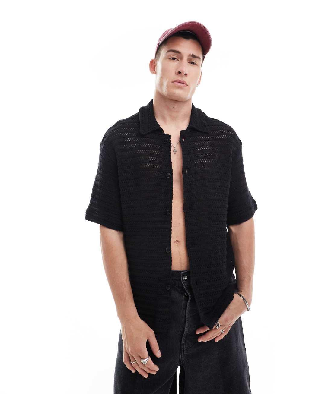 Weekday boxy fit crochet shirt in black Product Image