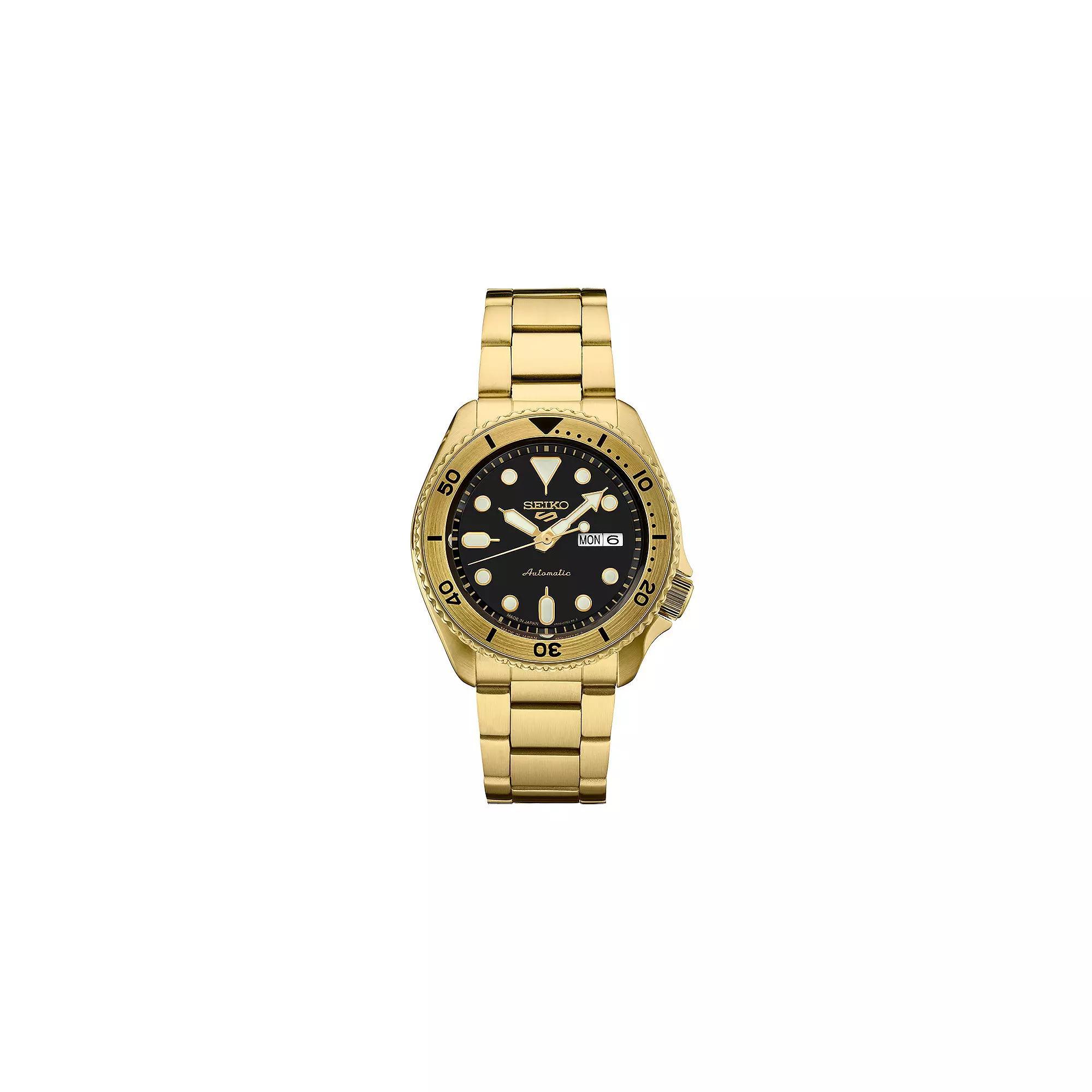 Seiko Mens 5 Sports Black Dial Stainless Steel Automatic Watch Gold Product Image