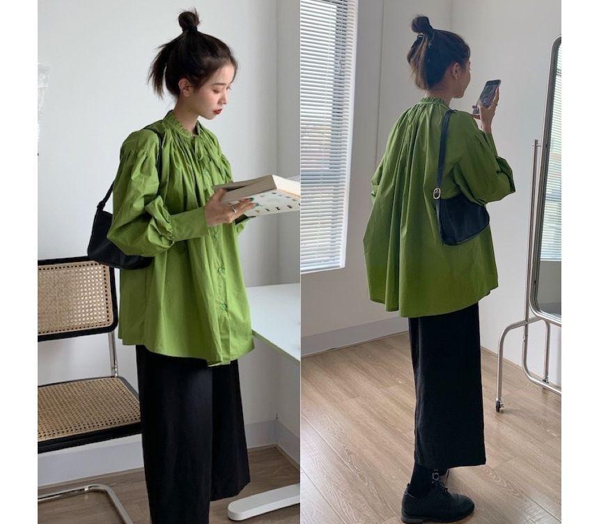 Puff-Sleeve Crew Neck Plain Ruffled Blouse Product Image