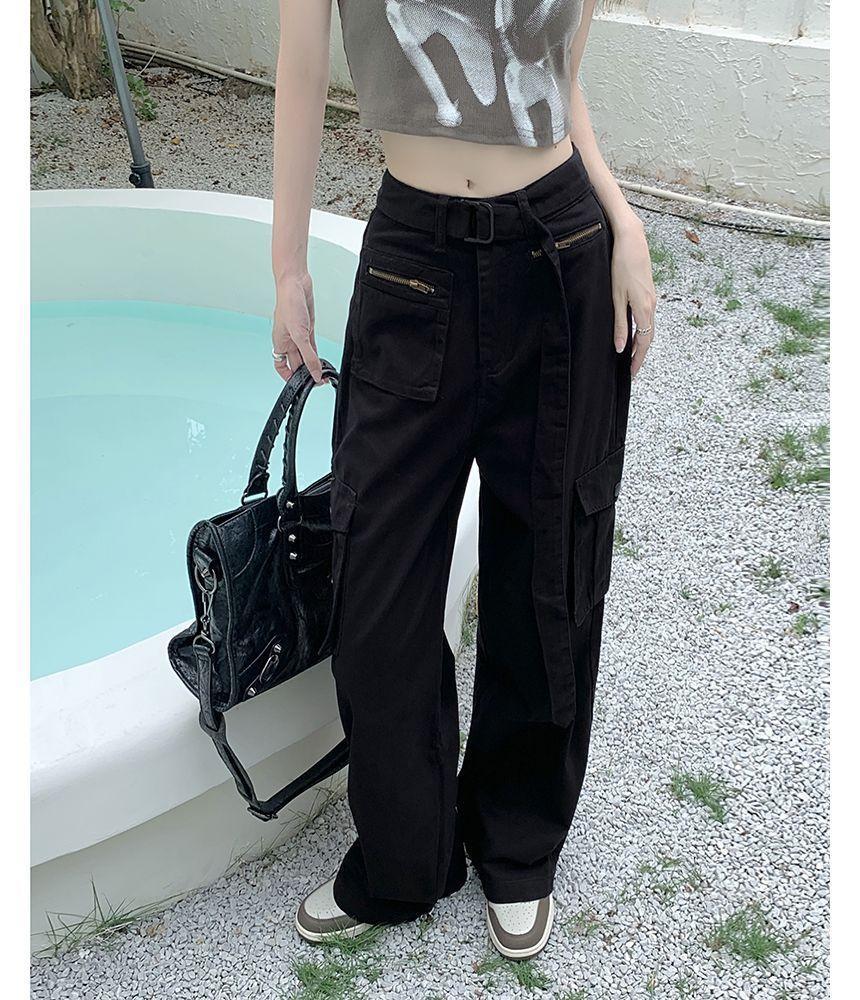 Mid Rise Plain Wide Leg Cargo Jeans Product Image