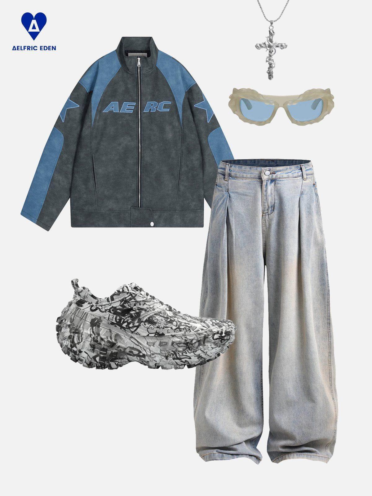 Aelfric Eden Embroidery Star Cropped Racing Jacket Product Image