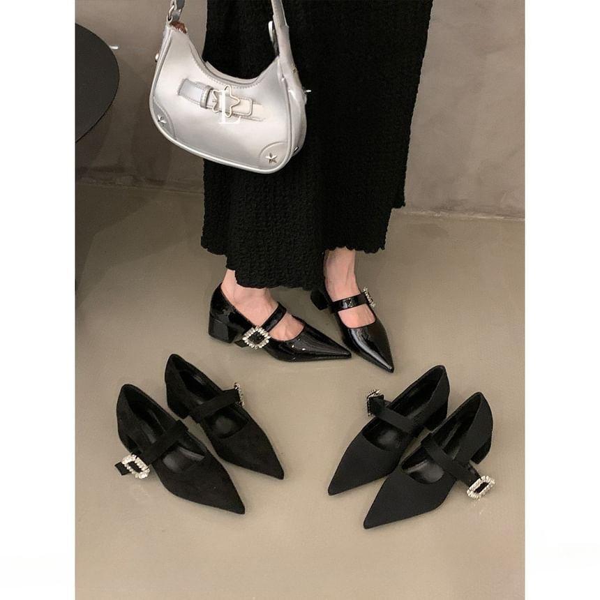 Chunky Heel Pointed Toe Rhinestone Buckled Mary Jane Pumps Product Image