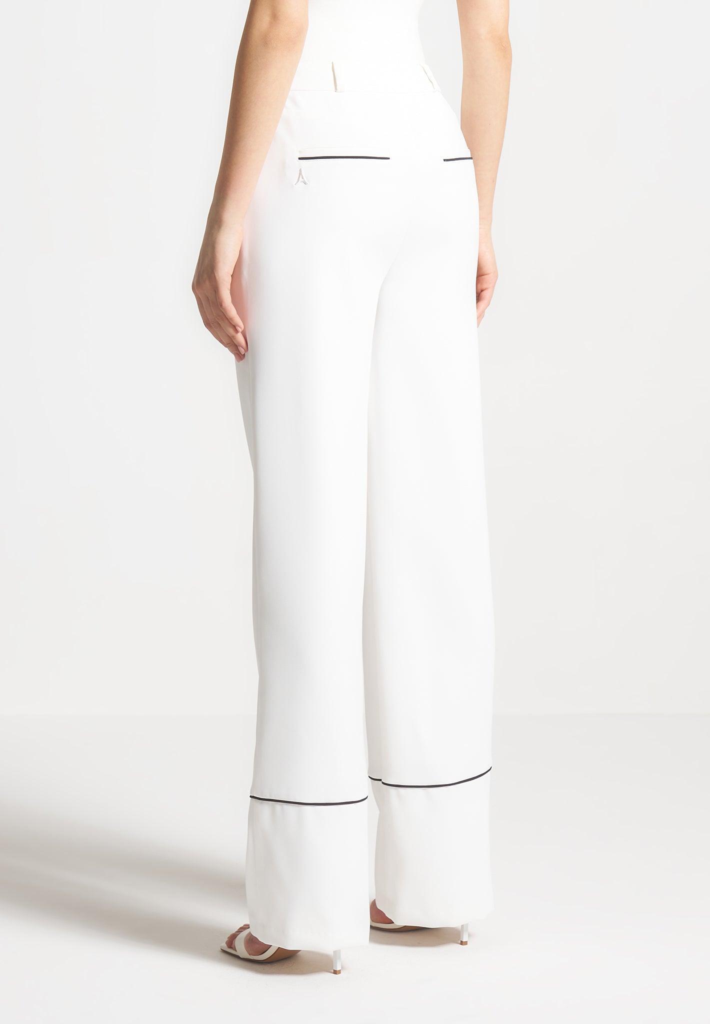 Contrast Piped Pleated Trousers - White/Black Female Product Image