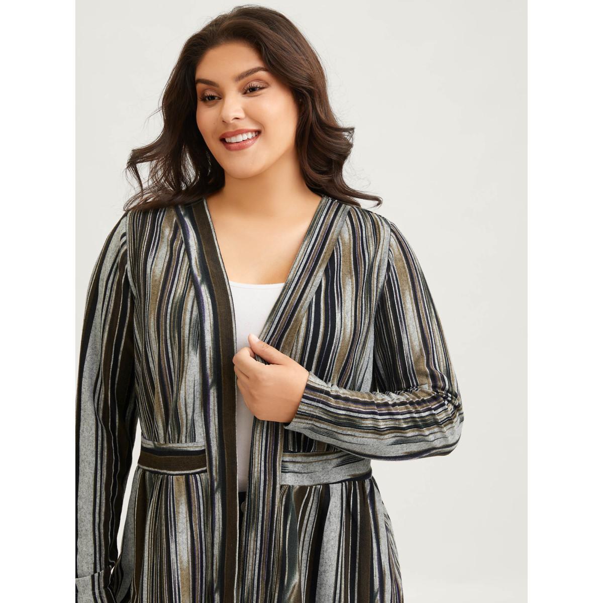 Plus Size Colored Striped Open Front Waist Defining Jacket Women Multicolor Contrast Bodycon Side seam pocket Everyday Jackets BloomChic 28/5X Product Image