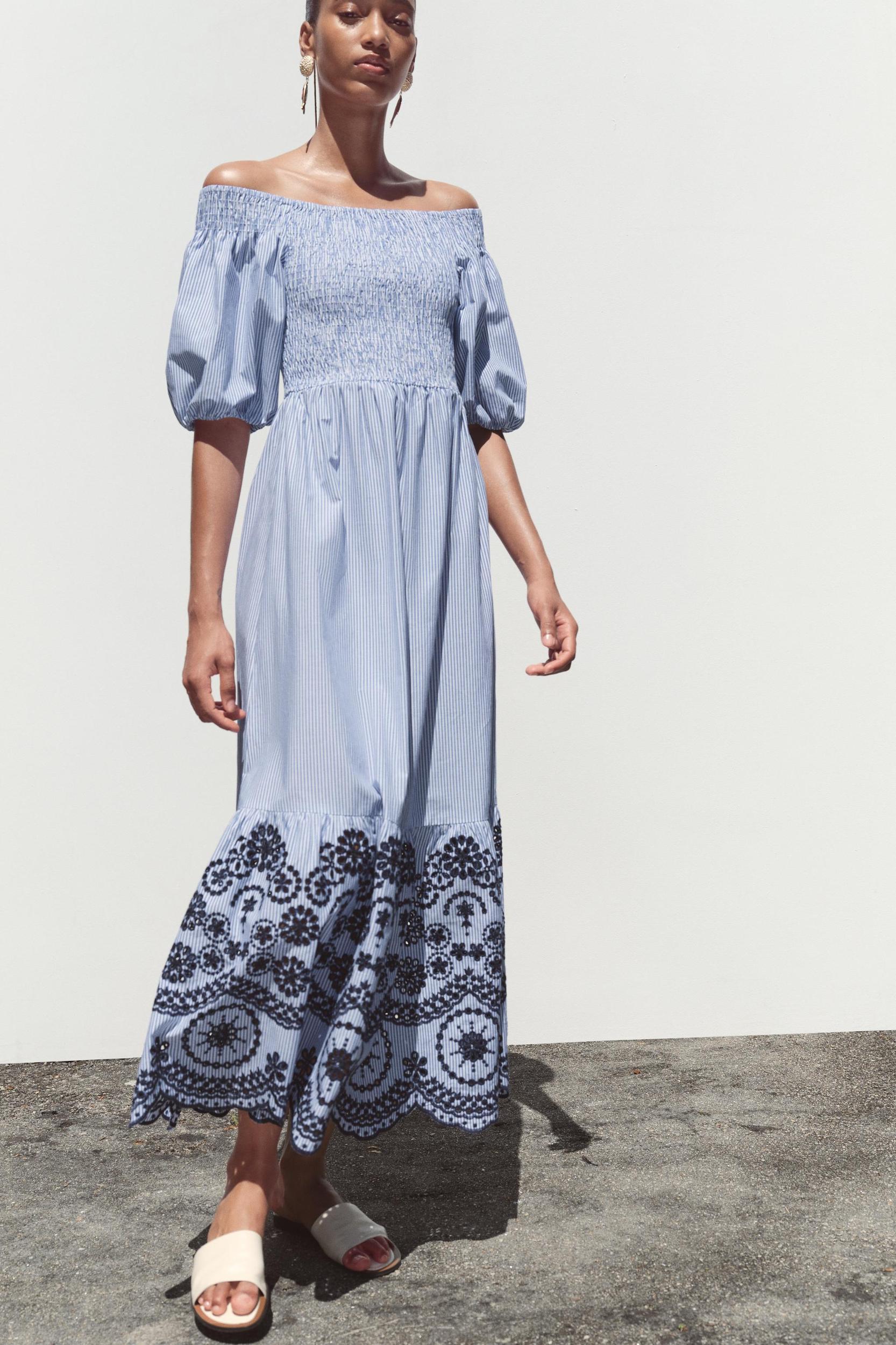 STRIPED EMBROIDERED MIDI DRESS Product Image