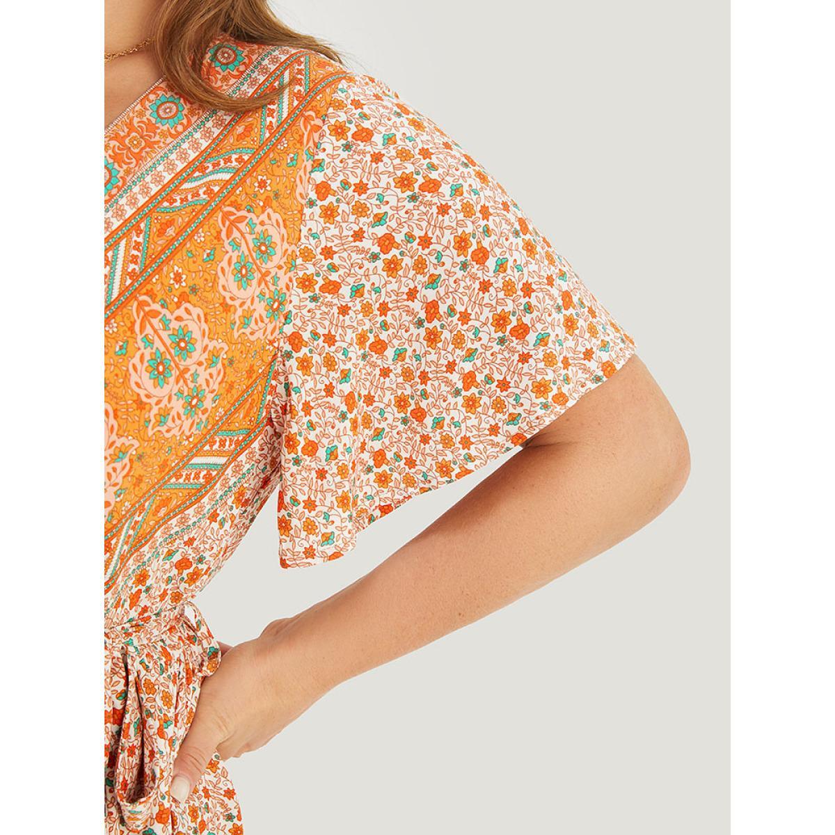 Plus Size Bandana Print Belted Pocket Flutter Surplice Neck Knee Dress Orange Women Vacation Pocket V-neck Short sleeve Curvy Knee Dress BloomChic 14-16/1X Product Image