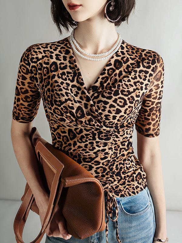 Half Sleeves Skinny Leopard Pleated V-Neck T-Shirts Tops Product Image