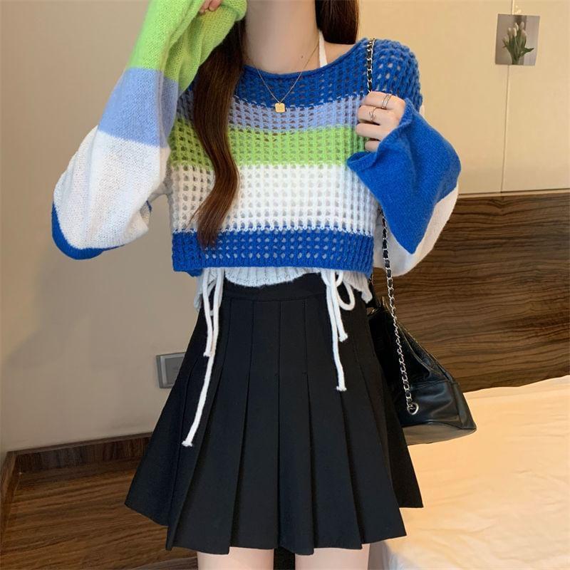 Round Neck Striped Crochet Crop Sweater Product Image