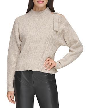 DKNY Long Sleeve Mix Stitch Cold-Shoulder Sweater (Pebble Heather) Women's Clothing Product Image