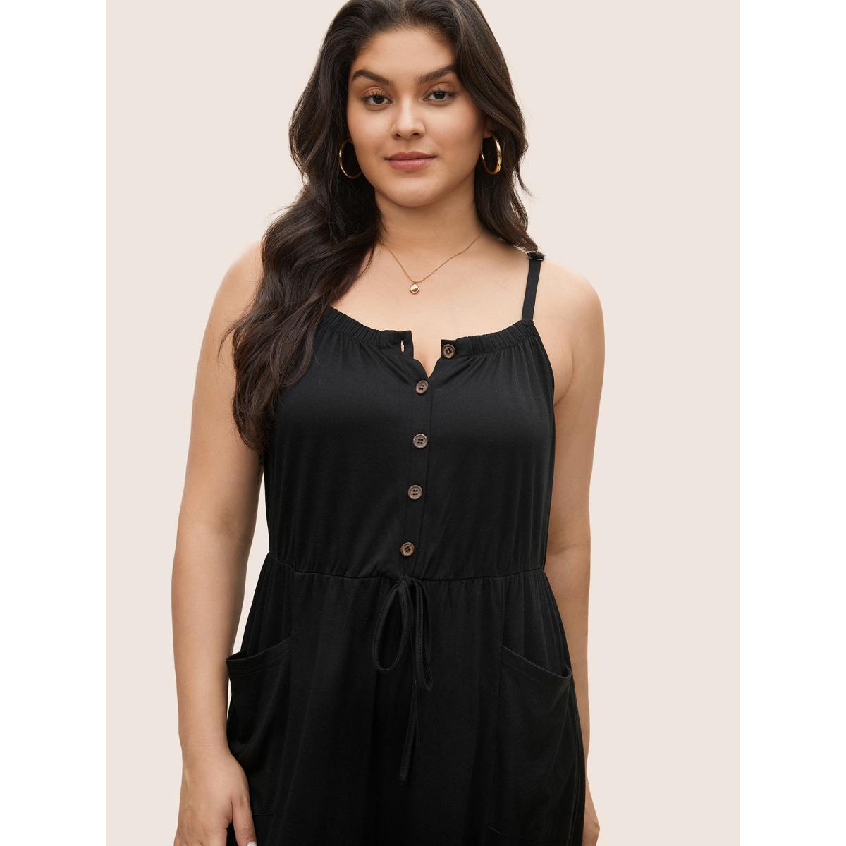 Plus Size Black Plain Ties Patched Pocket Cami Jumpsuit Women Casual Sleeveless Non Everyday Loose Jumpsuits BloomChic 10/M Product Image