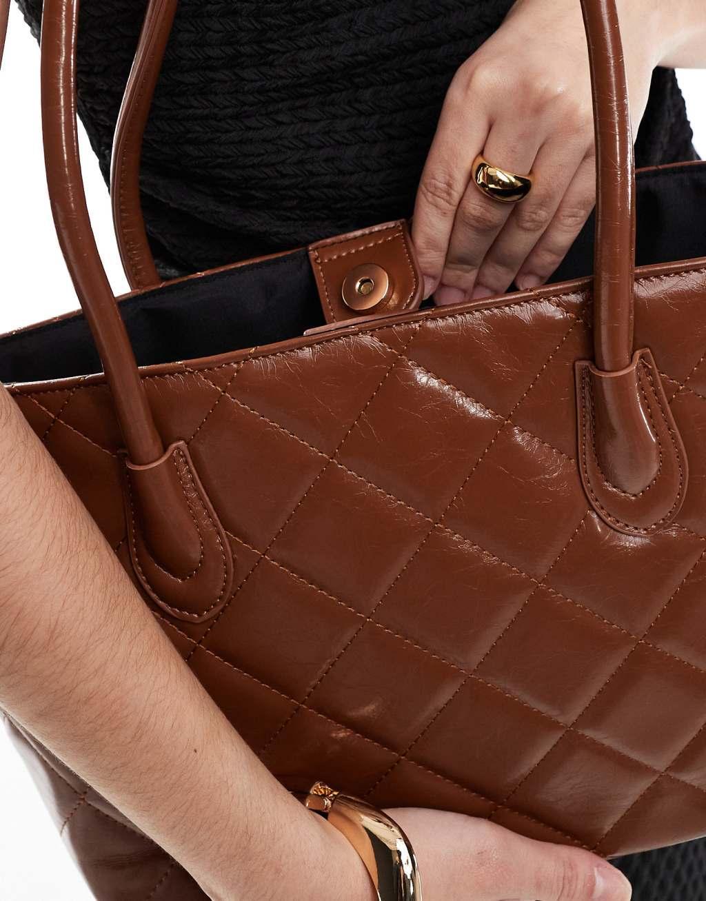 Glamorous large quilted shoulder bag in brown  Product Image