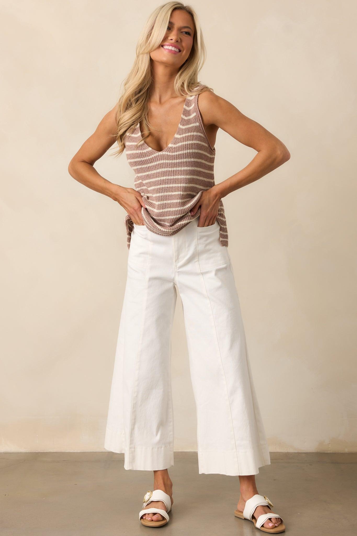 Carefree Days Light Mocha Stripe Knit Tank Top Product Image