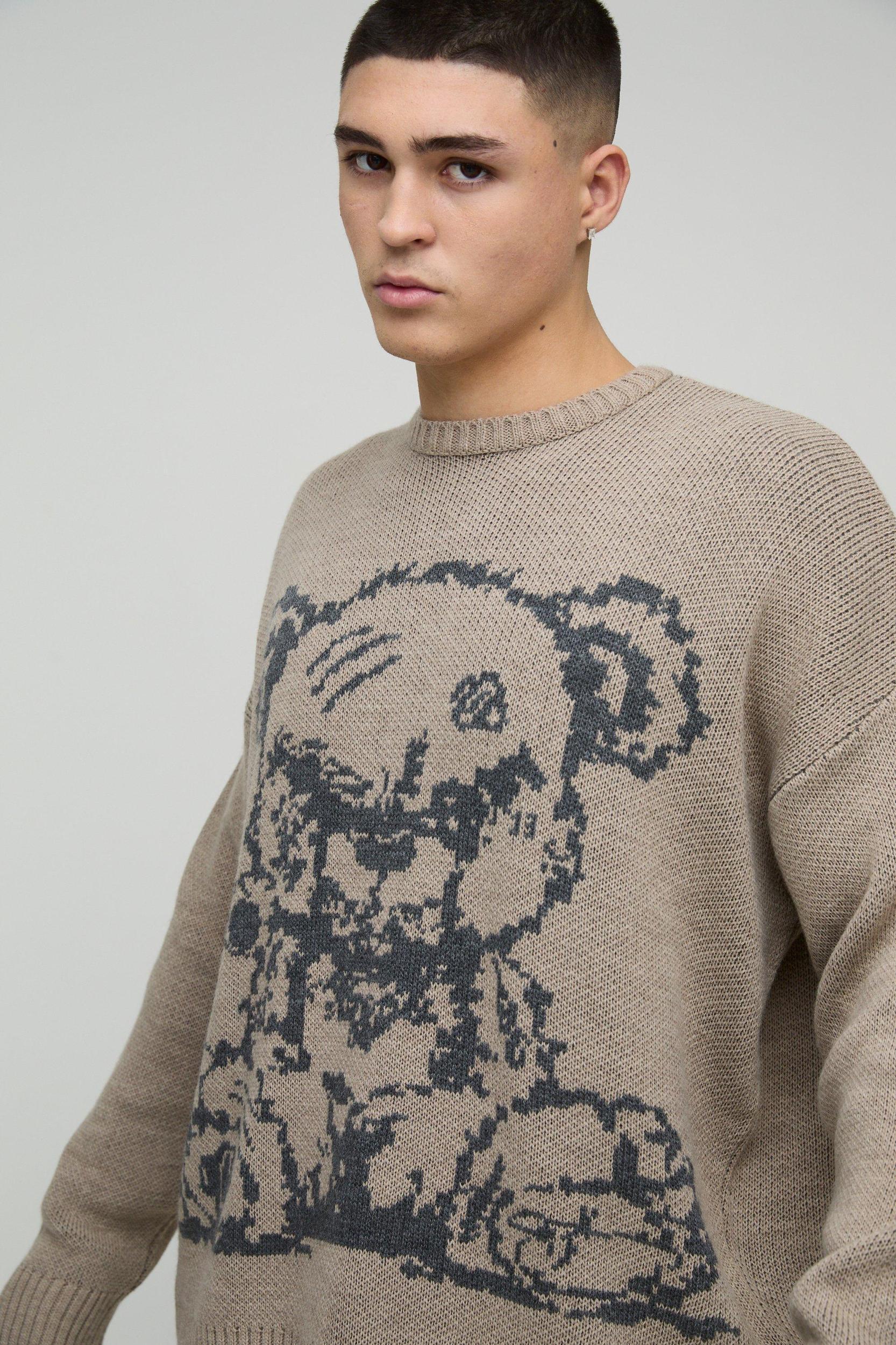 Oversized Teddy Graphic Knitted Sweater | boohooMAN USA Product Image