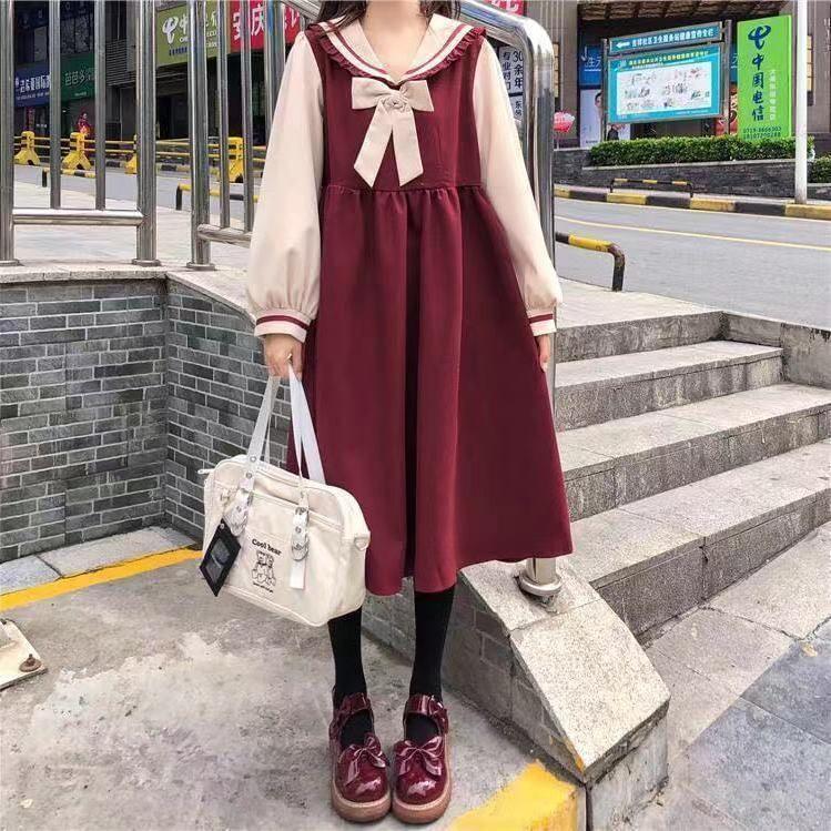 Puff-Sleeve Collar Bow Two Tone Midi Smock Dress Product Image