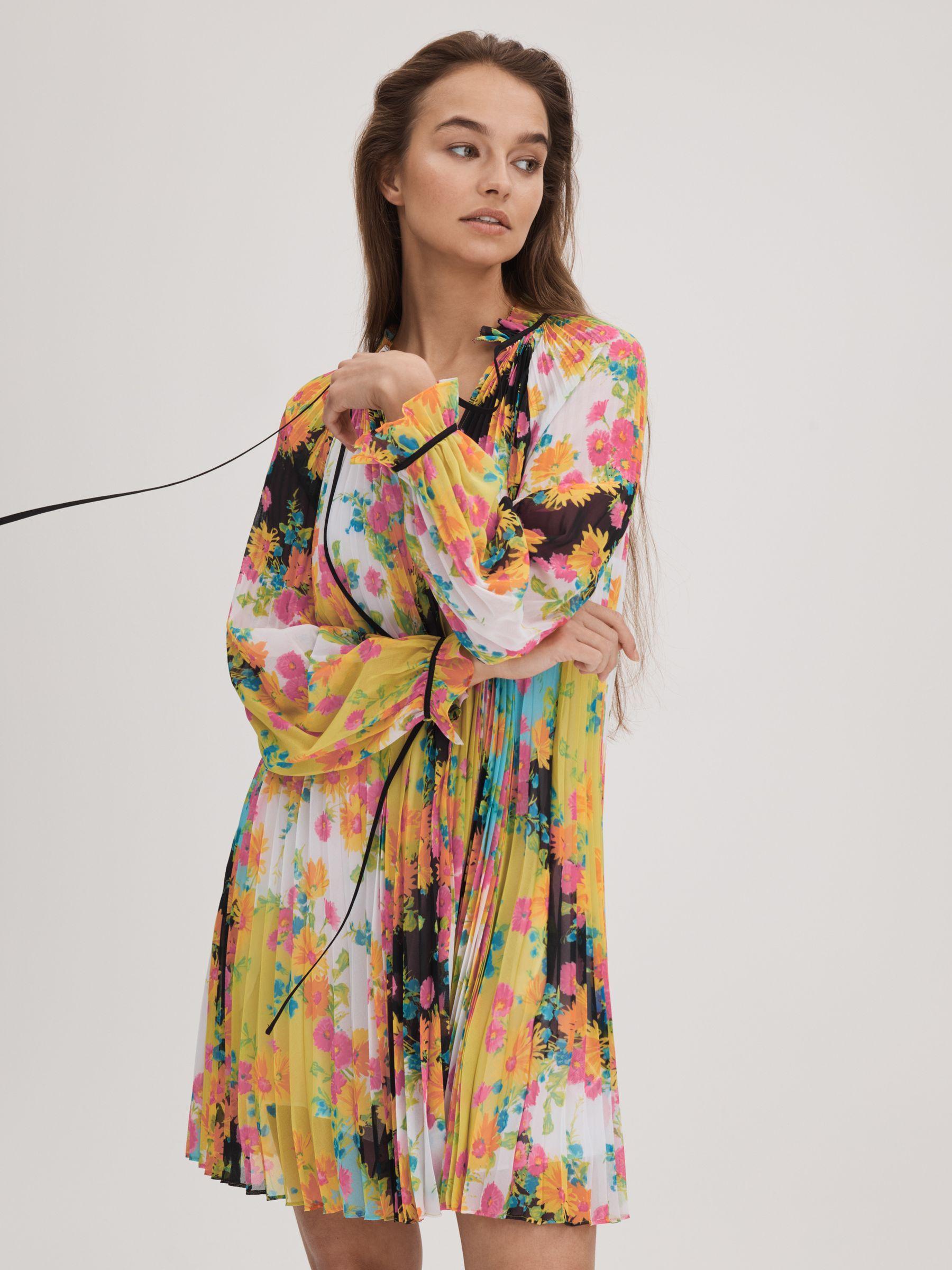 Florere Pleated Tie Neck Mini Dress in Multi Product Image