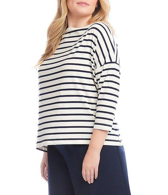 Karen Kane Plus Size Cotton-Blend Stripe Boat Neck 3/4 Sleeve Top Product Image