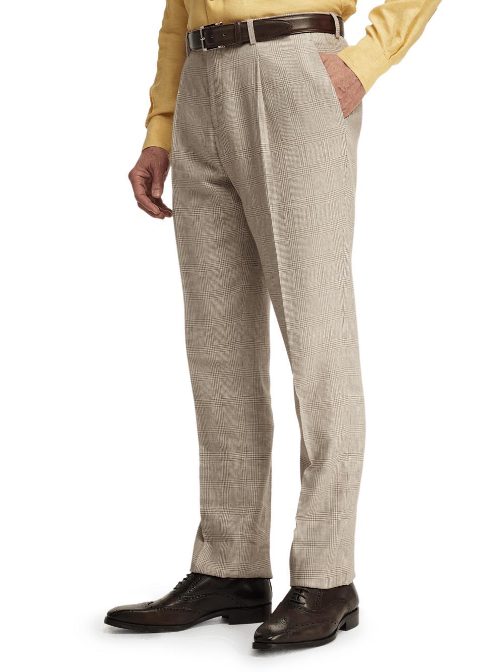 Linen Blend Plaid Single Pleat Suit Pants - Tan Product Image