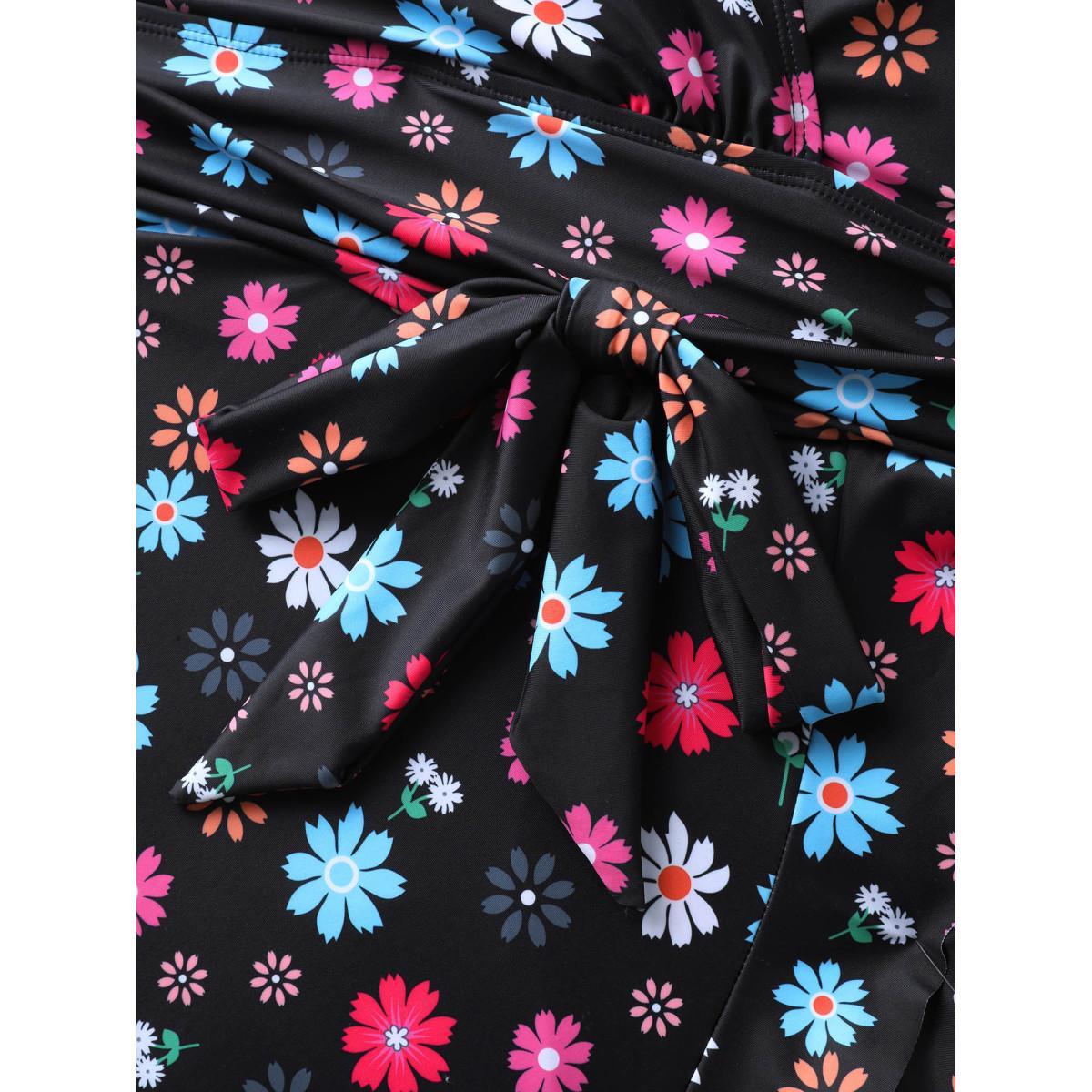 Plus Size Colorful Floral Print Fit Flare Swim Dress Women's Swimwear Black Beach Bodycon Overlap Collar High stretch Curve Swim Dresses BloomChic 28/5X Product Image
