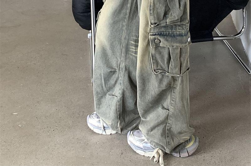 Mid Waist Washed Wide Leg Cargo Jeans Product Image