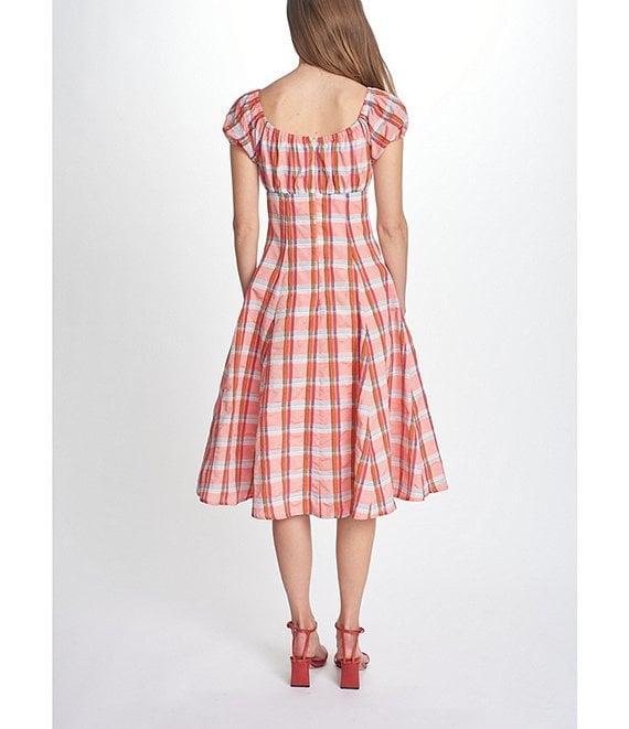 COREY LYNN CALTER Cordelia Plaid Print Square Neck Short Puff Sleeve Midi Dress Product Image