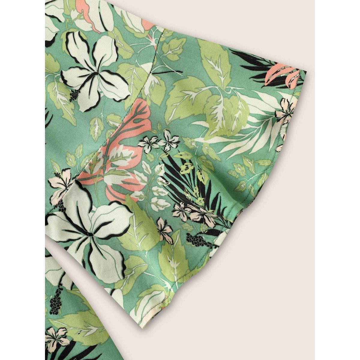 Plus Size Mint Tropical Print Keyhole Flutter Sleeve Blouse Women Resort Elbow-length sleeve Round Neck Vacation Blouses BloomChic 10/M Product Image