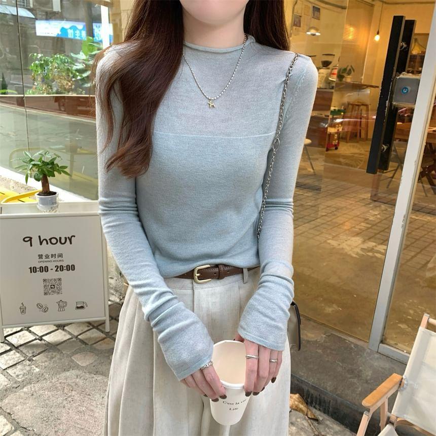 Long Sleeve Mock Neck Plain Knit Top Product Image