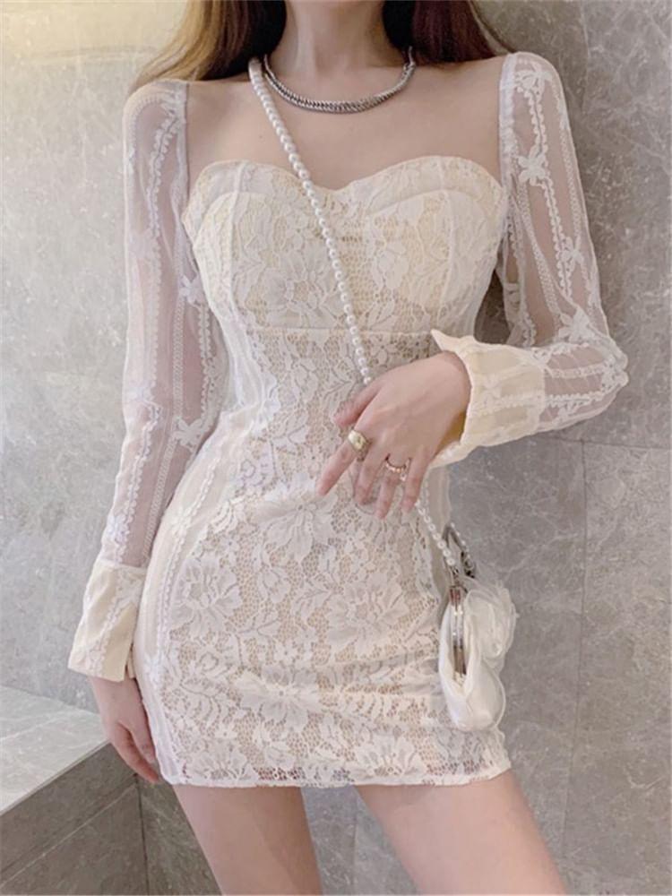 Long-Sleeve Off Shoulder Sweetheart Neckline Lace Mini Bodycon Dress Product Image