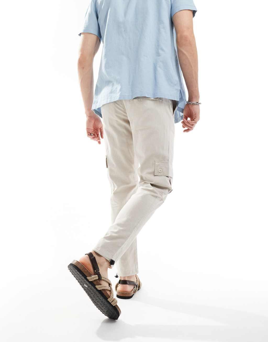 ASOS DESIGN tapered cargo linen pants in washed stone Product Image