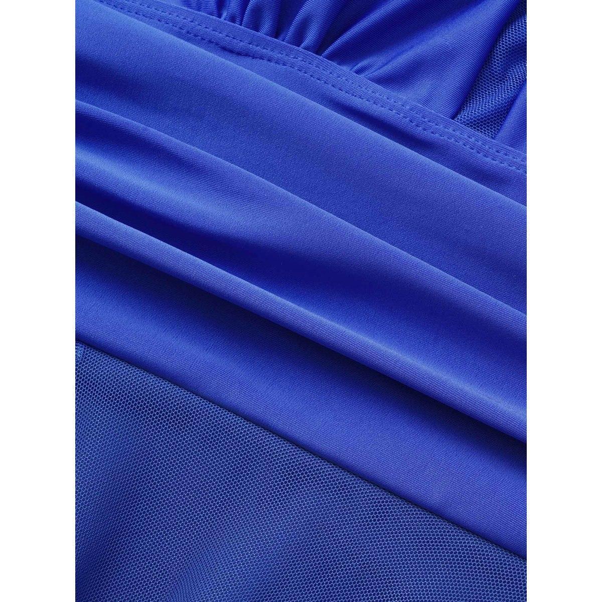 Plus Size Knotted Back Mesh Insert Halter Swim Dress Women's Swimwear Blue Beach Bodycon Round Neck High stretch Curve Swim Dresses BloomChic 22-24/3X Product Image