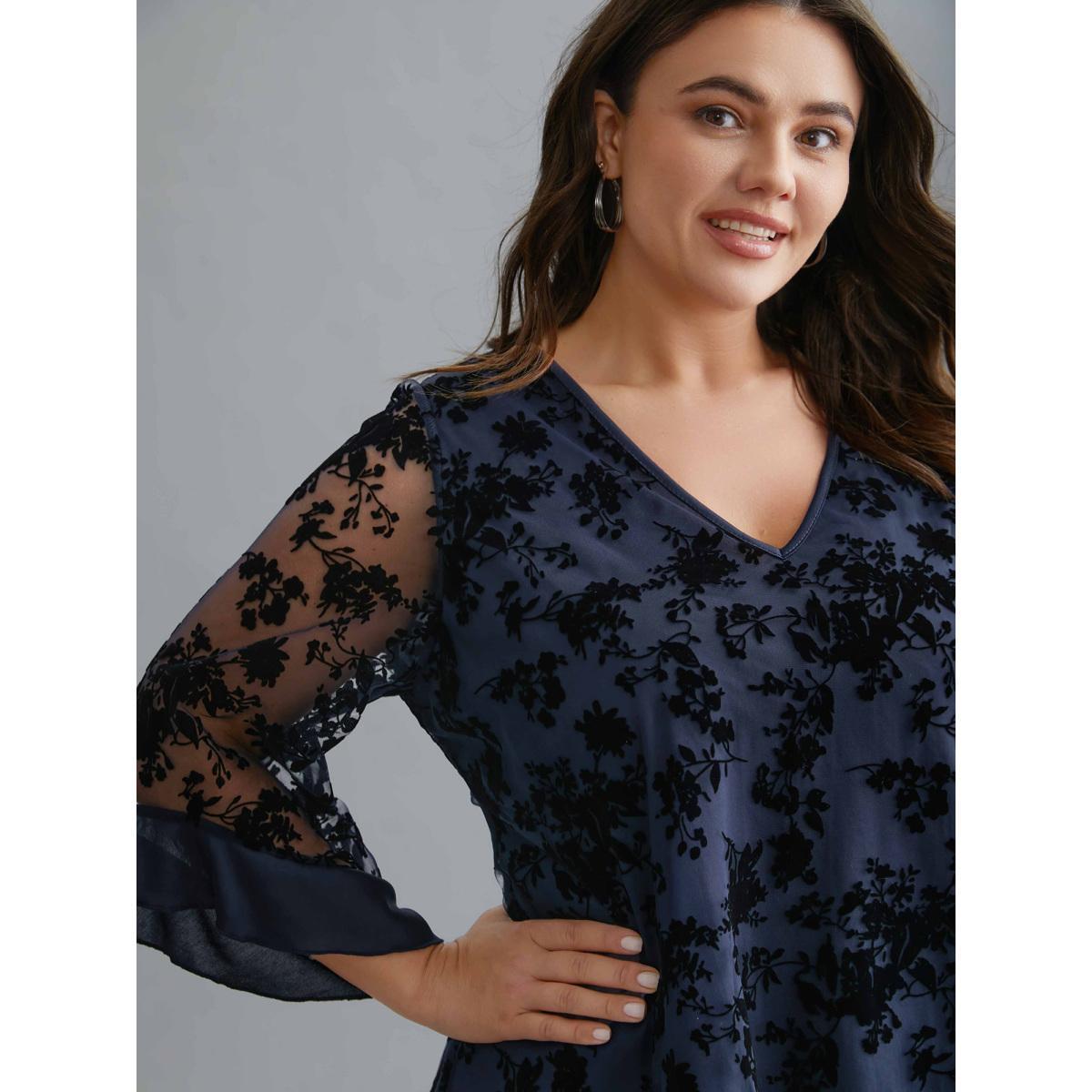 Plus Size Indigo Floral Flocking Mesh Asymmetrical Hem Blouse Women Elegant Three Quater Length Sleeve V-neck Everyday Blouses BloomChic 30/6X Product Image