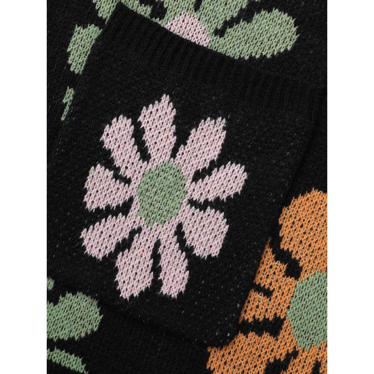 Plus Size Contrast Floral Patch Pocket Cardigan Black Women Casual Loose Long Sleeve Everyday Cardigans BloomChic 26/4X Product Image