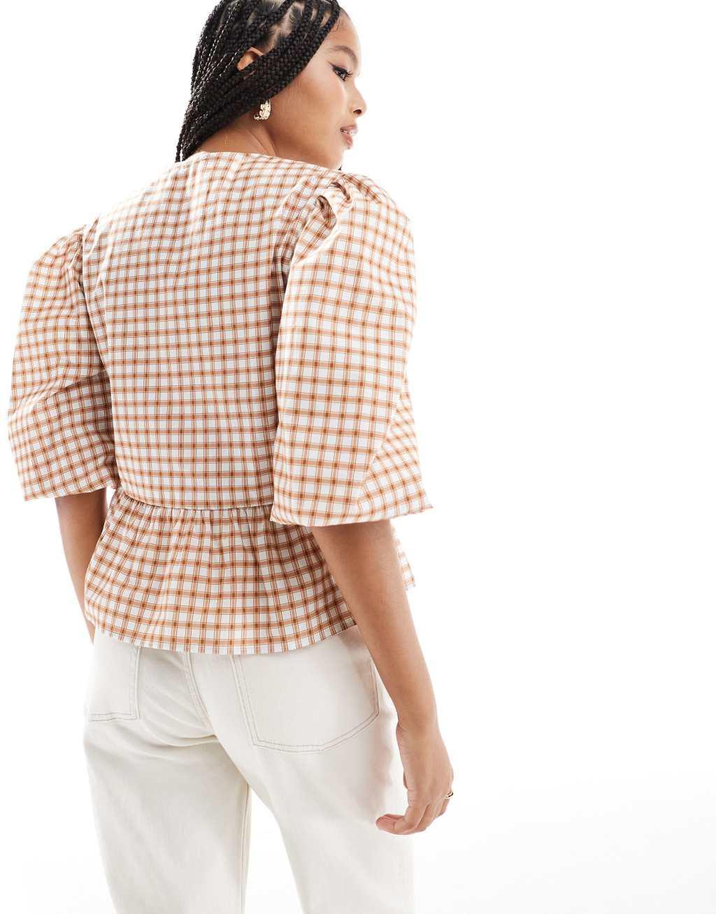 ASOS DESIGN cotton poplin peplum tie shirt top in brown check Product Image