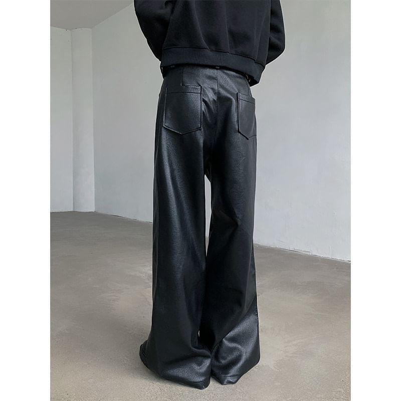 Mid Rise Plain Faux Leather Wide Leg Pants Product Image