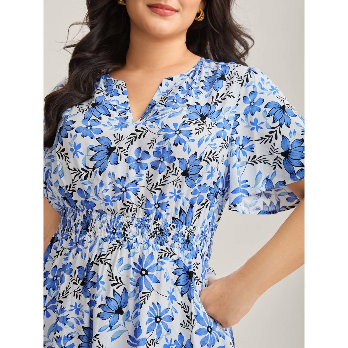 Plus Size Skyblue Floral Notched Collar Shirred Waist Blouse Women Short sleeve Flat collar Everyday-Elegant Blouses BloomChic 22-24/3X Product Image