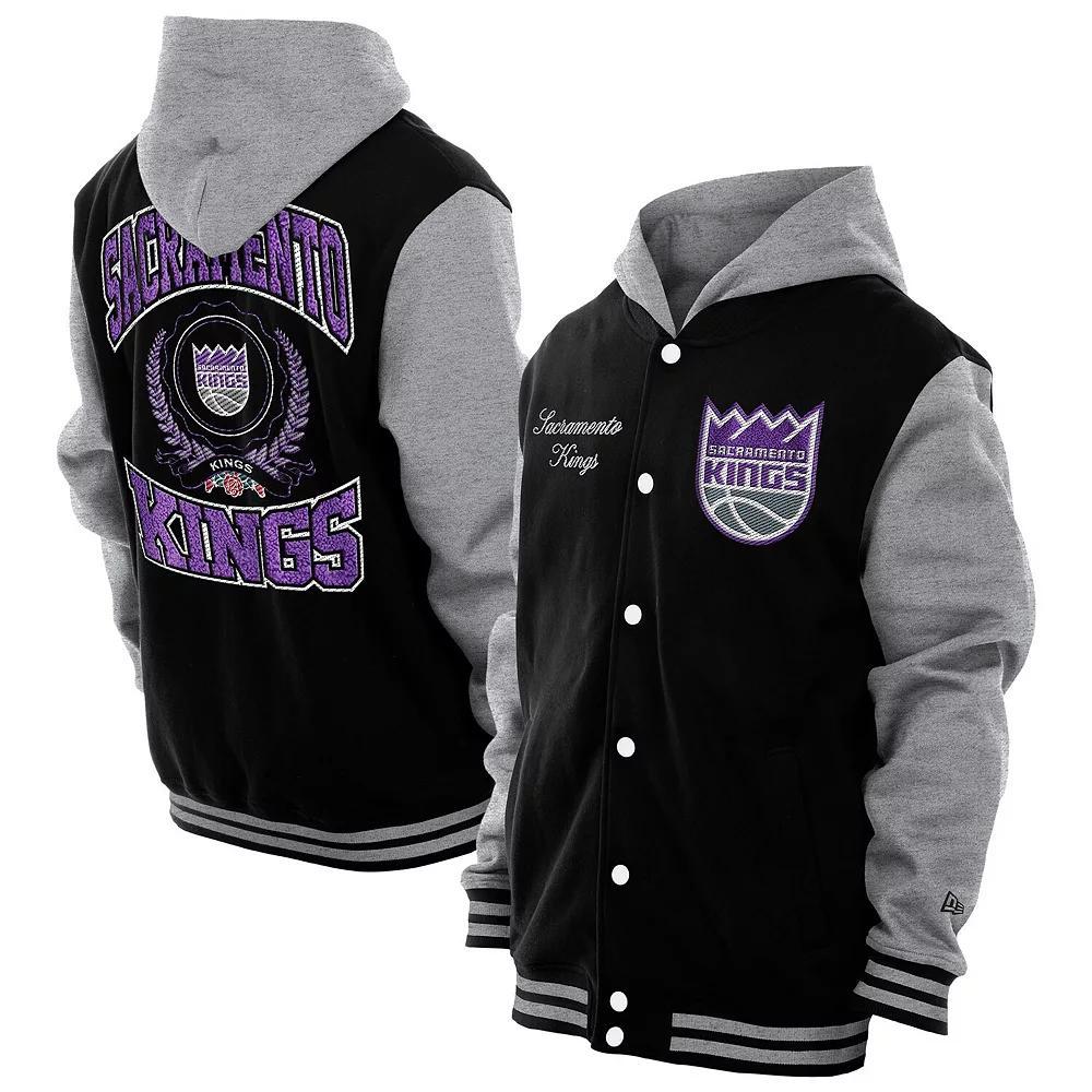 Men's New Era  Black Sacramento Kings Throwback Prep Chenille Full-Snap Hooded Varsity Jacket, Size: 2XL, Kng Black Product Image