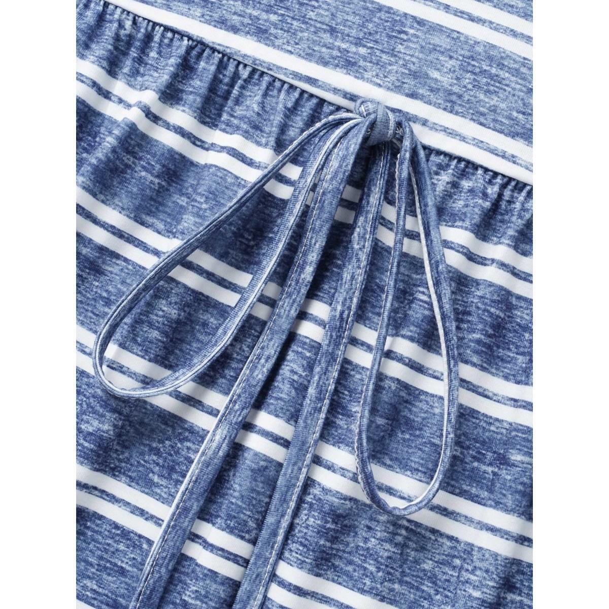 Plus Size Striped Ties Pocket Roll sleeve Dress Stone Women Casual Cross straps V-neck Short sleeve Curvy Midi Dress BloomChic 26/4X Product Image
