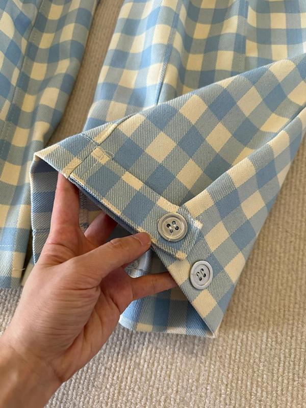 Blue Checkered Yamamoto-Style Suit With Wide-Leg Pants Product Image